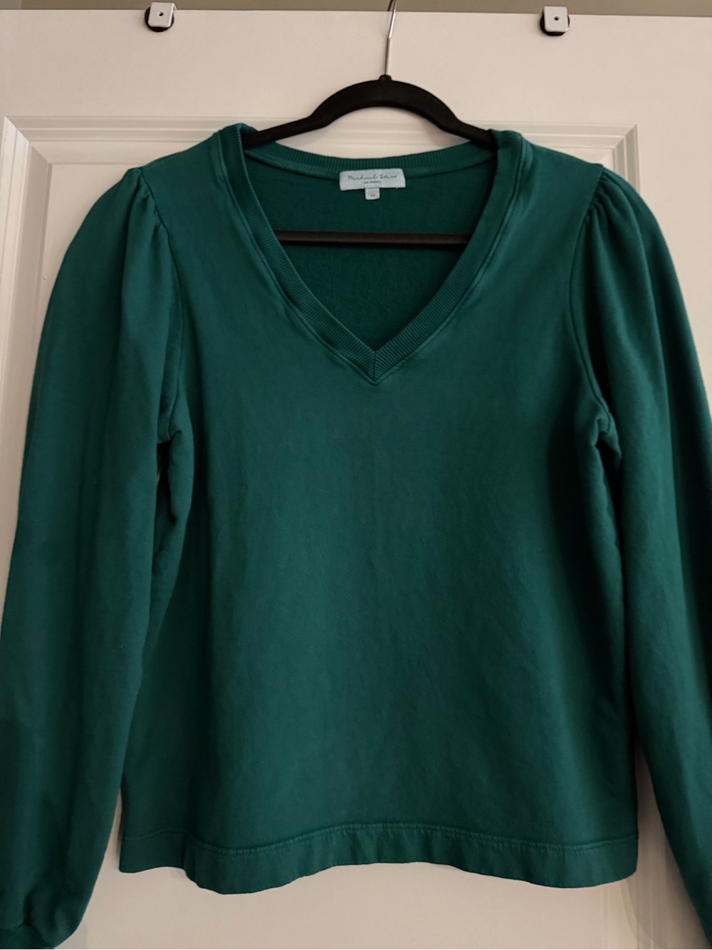 Michael Stars Teal Green V-Neck Puff Shoulder Sweater